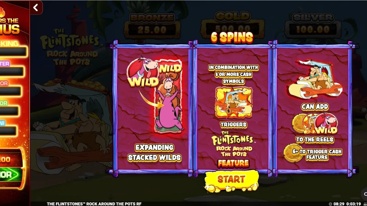 The Flintstones: Rock Around The Pots slot machine interface featuring characters in Bedrock