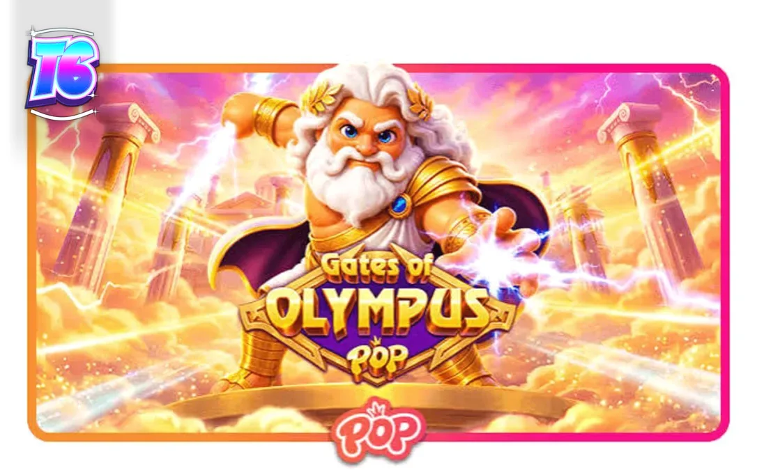 Tampilan visual slot Gates of Olympus POP dengan Zeus yang tersenyum